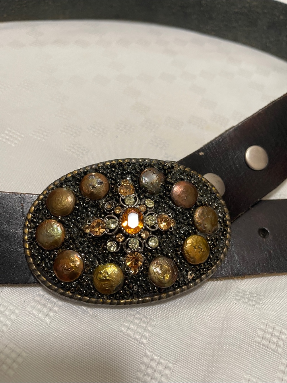Women's Black Leather Belt with Decorative Gemstone Copper Buckle size L